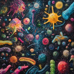 Leinwandbilder - Exploring diverse array of bacteria and microbes in a vibrant cosmic setting full of color and unique shapes. Generative AI