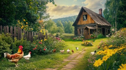 Poster - Chickens and rooster roam freely in a lush farmyard beside a rustic wooden house surrounded by vibrant flowers. Generative AI