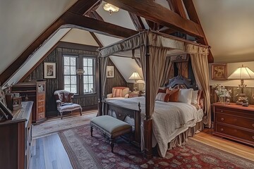 Wall Mural - A cozy, elegantly decorated Queen Anne house style bedroom featuring a four-poster bed, wooden beams, and warm lighting. The room has a vintage feel with a plush armchair.