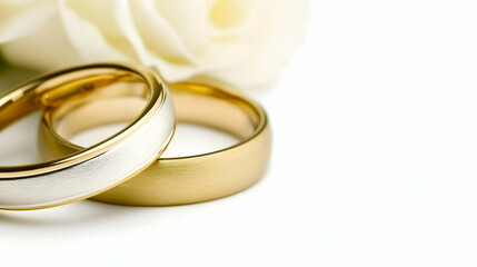 gold wedding rings and flowers watercolor painting on white background