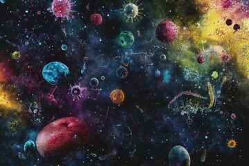Leinwandbilder - Exploring the diverse world of bacteria and microbes in a colorful cosmic environment. Generative AI