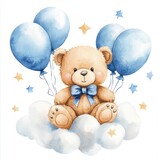 Teddy bear sits on clouds with blue balloons, surrounded by stars. Possible for baby shower card