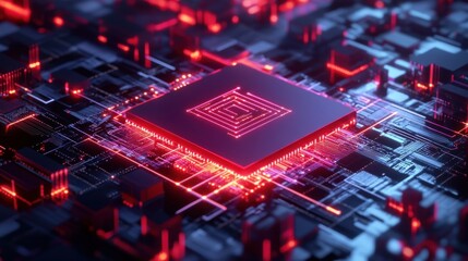 Poster - Abstract Red and Blue Circuit Board with Central Processing Unit