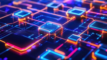 Poster - Abstract Futuristic Circuit Board: Neon Glow and Digital Network