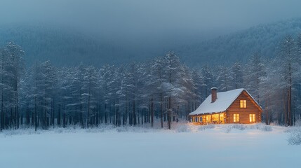 Wall Mural - Cozy wooden cabin illuminated at dusk in snowy forest landscape with tall pine trees and fog