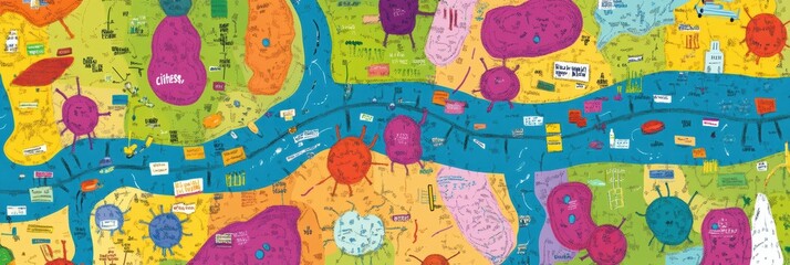 Aufkleber - Colorful map depicting playful bacteria colonies as vibrant cities along a winding river in a fun, imaginative landscape. Generative AI