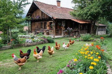 Poster - Wooden farmyard with chickens and rooster roaming near a quaint rustic house in a lush outdoor setting. Generative AI