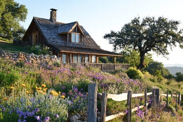 Aufkleber - Cozy countryside house on a hill surrounded by vibrant flowers and a charming stone fence in golden sunlight. Generative AI
