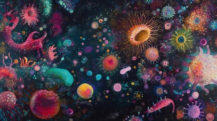 Leinwandbilder - Diverse array of colorful bacteria and microbes in a vibrant microscopic landscape exploring their intricate forms and interactions. Generative AI