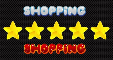 Poster - Stars with Shopping Text. Animated video with words. Cartoon animation award.