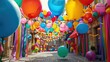 © Art By Ahmar - Colorful carnival streamers and balloons decorating a street for a parade.