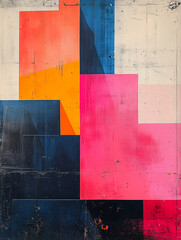 Poster - Abstract Geometric Composition: Vibrant hues of pink, orange, and blue create a dynamic interplay of shapes and textures on a textured canvas, evoking a sense of modern art and bold expression.