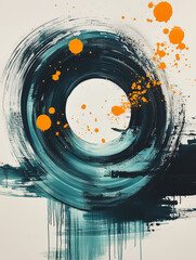 Poster - Circular Abstract Art: An abstract painting featuring a swirling turquoise and black circle with bursts of bright orange paint splatters, against a soft background.