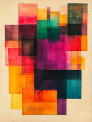 Poster - Abstract Color Blocks: A vibrant and dynamic composition of overlapping, translucent color blocks in hues of red, orange, yellow, green, purple, and dark tones.