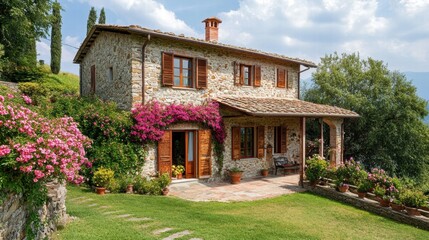 Poster - Cozy countryside house with vibrant flowers nestled on a hilltop under a bright sky. Generative AI