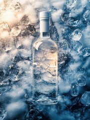 Poster - Transparent glass bottle filled with clear liquid and surrounded by ice on a reflective surface, showcasing a cool and refreshing aesthetic in a modern style.