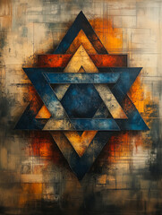 Poster - Geometric Starburst: An abstract painting showcasing a vibrant starburst composed of layered triangles in shades of blue, yellow, and red.