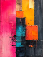Poster - Abstract Color Block Painting: Bold strokes of vibrant pink, orange, teal, black, and brown paint create a captivating abstract composition, evoking a sense of energy and movement.