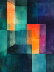 Poster - Abstract Geometric Composition: Vibrant interplay of teal, orange, and deep purple hues create a dynamic, layered abstract artwork. Geometric shapes overlap, creating depth and visual interest.