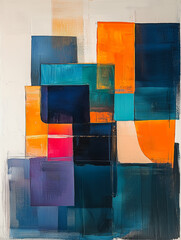 Poster - Abstract Composition in Teal, Orange, and Purple: A vibrant, modern abstract painting featuring bold blocks of teal, orange, and purple, layered to create a dynamic and visually engaging composition.