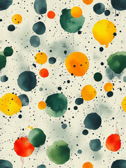 Poster - Abstract Watercolor Dots: A vibrant and playful seamless pattern featuring bold, overlapping watercolor dots in shades of orange, yellow, green, and blue.