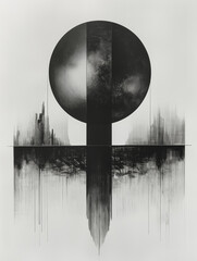 Poster - Abstract Monochromatic Art: A striking abstract composition featuring a large, round shape divided into two halves, one dark and the other with a faint, ethereal glow, hovering above a textured.