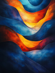 Poster - Abstract Wave Forms: A mesmerizing abstract artwork featuring vibrant, swirling waves of blue, orange, and red hues. The interplay of light and shadow creates a sense of depth and movement. 