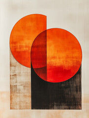 Poster - Abstract Sunsets: Two vibrant, overlapping circles evoke the fiery hues of a sunset, set against a backdrop of muted earth tones and contrasting black, creating a dynamic interplay of color and form.
