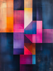 Poster - Abstract Geometric Composition: Vibrant hues of pink, orange, purple, and blue intertwine in a dynamic interplay of geometric shapes, creating a captivating and modern abstract artwork.  