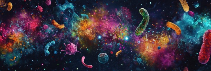 Leinwandbilder - Exploration of a vibrant array of bacteria and microbes in an imaginative cosmic setting. Generative AI