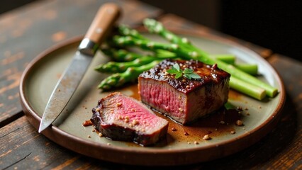 A savory glazed steak, sliced and served with roasted asparagus on a rustic plate