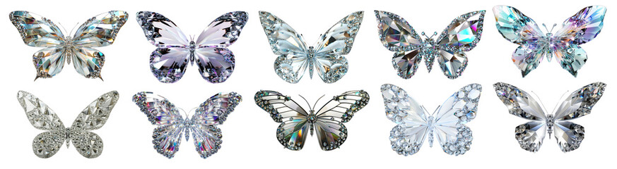 Wall Mural - PNG Crystal butterflies sparkling elegance set, isolated on transparent background
