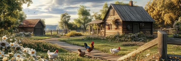 Poster - Charming wooden farmyard with chickens and a rooster enjoying a sunny day in a peaceful rural setting. Generative AI