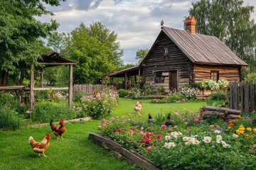 Poster - Chickens and a rooster roam freely in a blooming wooden farmyard surrounded by vibrant flowers and greenery. Generative AI