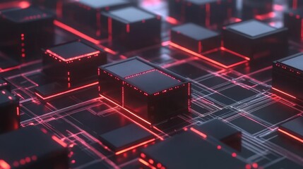Poster - Abstract Digital Network: Red Neon Cubes and Circuitry