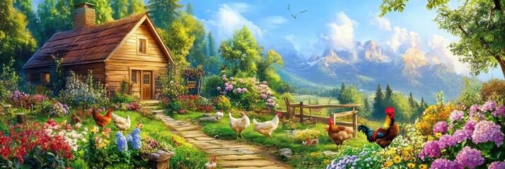 Poster - Charming wooden farmyard with chickens and a rooster surrounded by vibrant flowers in a picturesque landscape. Generative AI