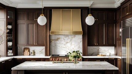 Elegant kitchen with dark wood cabinets, marble countertops, brass range hood, and pendant lights.