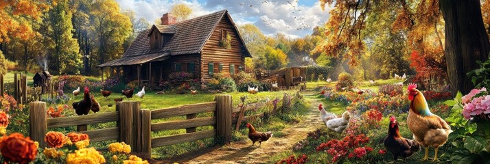 Poster - Vibrant farmyard with chickens and rooster amidst blooming flowers and rustic wooden cottage. Generative AI
