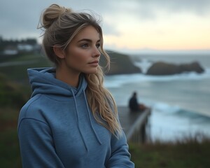 Pensive young woman in hoodie overlooking ocean.