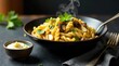 © DeeDay - Aromatic Pasta with Saut?ed Mushrooms and Creamy Sauce, Garnished with Fresh Herbs Served in a Dark Bowl