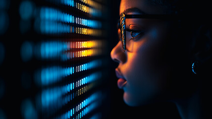 Poster - Woman Gazing Through a Digital Screen: A young woman with glasses, her face illuminated by a vibrant blue and orange digital display, gazes intently through a grid of light.