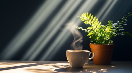 Wall Mural - Steam rising from a coffee cup next to a potted fern plant in sunlit room.