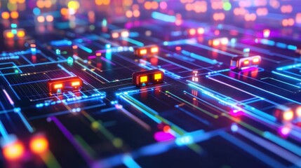 Poster - neon circuit board abstract digital art