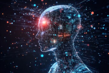Poster - A futuristic digital silhouette of a human head, filled with data streams and glowing elements, representing artificial intelligence and technology.