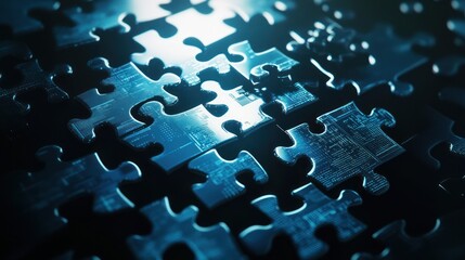 Poster - Abstract Digital Puzzle:  A Close-Up of Interlocking Blue Transparent Jigsaw Pieces with Circuit Board Designs, Representing Technological Connections and Problem-Solving