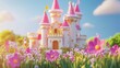© BerkahStock - Pink fairytale castle in a blooming meadow under a sunny sky.