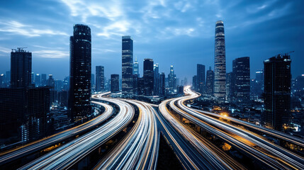 Sticker - Stunning cityscape at night with illuminated highways and skyscrapers