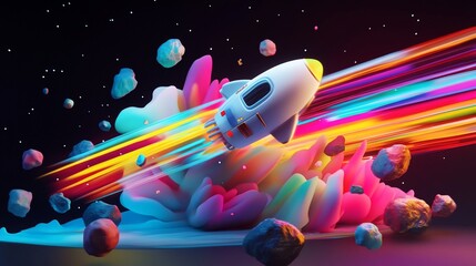 Wall Mural - a vibrant, stylized rocket launching through a colorful nebula, surrounded by asteroids.