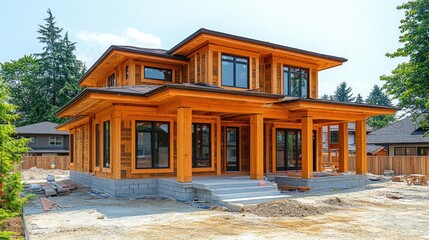 Modern wooden house under construction with a clear sky and surrounding greenery in the background
