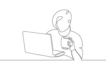 Poster - Young woman sits working at a laptop computer. The designer manager works on the Internet. One continuous drawing line, logo single hand drawn art doodle isolated minimal illustration.